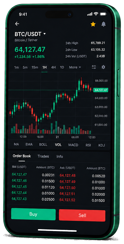 Cedar Gainstead mobile app — live BTC/USDT charts, order book, and trading features